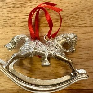 Kirk Stieff Silver Rocking Horse Ornament with Red Ribbon